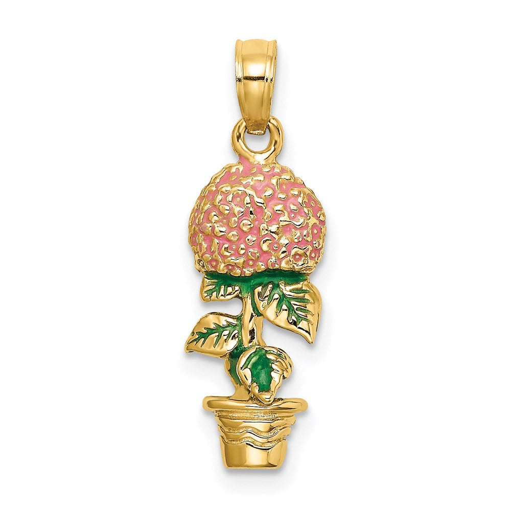 14 Karat Gelbgold 3-D-emaillierter Rosa Hortensienblüten-im-Topf-Charm