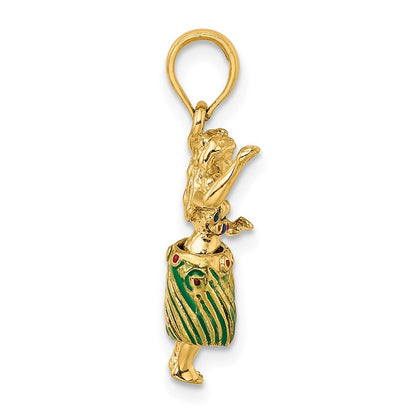 14 Karat Gelbgold Hula-Mädchen-Charm 3D mit beweglichem Grasrock