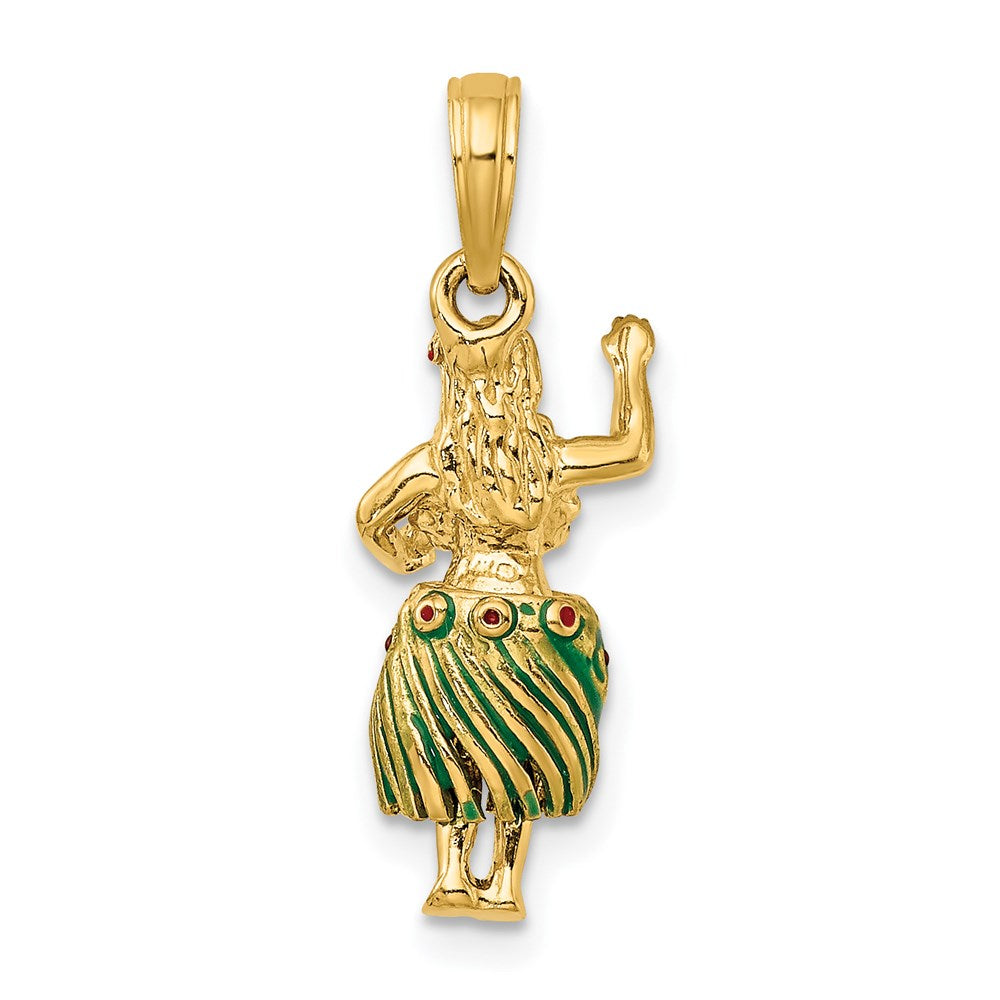 14 Karat Gelbgold Hula-Mädchen-Charm 3D mit beweglichem Grasrock