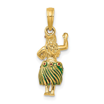 14 Karat Gelbgold Hula-Mädchen-Charm 3D mit beweglichem Grasrock
