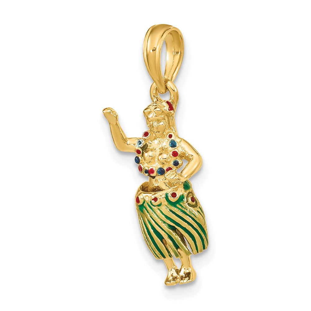 14 Karat Gelbgold Hula-Mädchen-Charm 3D mit beweglichem Grasrock