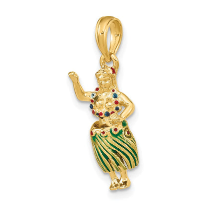 14 Karat Gelbgold Hula-Mädchen-Charm 3D mit beweglichem Grasrock