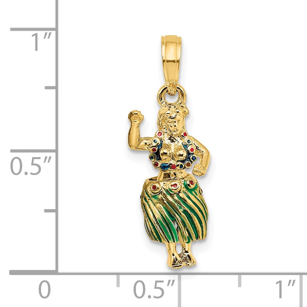 14 Karat Gelbgold Hula-Mädchen-Charm 3D mit beweglichem Grasrock