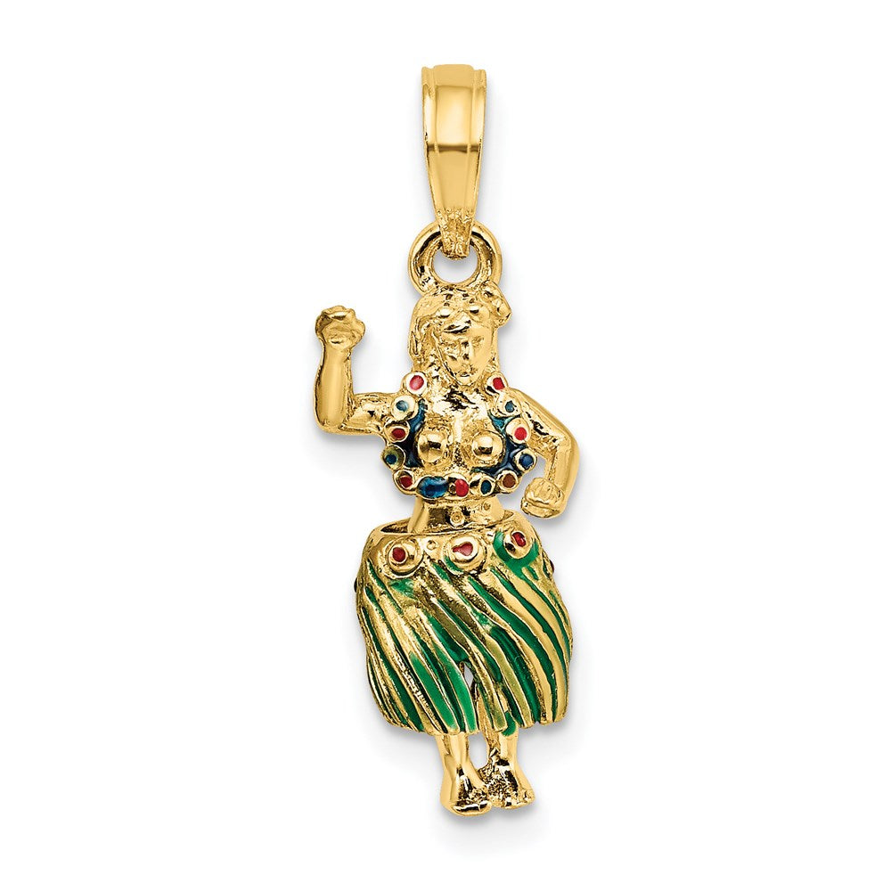 14 Karat Gelbgold Hula-Mädchen-Charm 3D mit beweglichem Grasrock