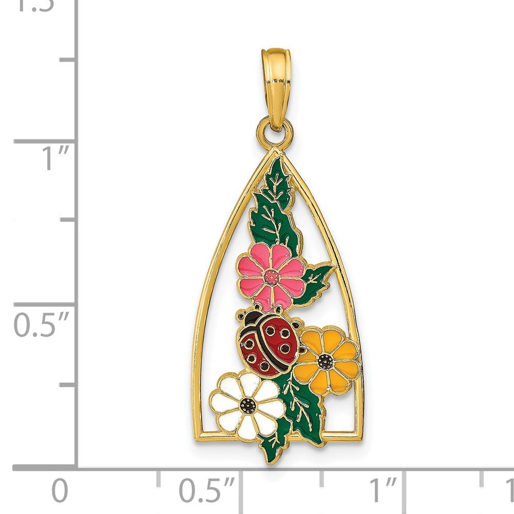 14K Gelbgold Emaillierter Marienkäfer- und Blumen-Dreiecksanhänger