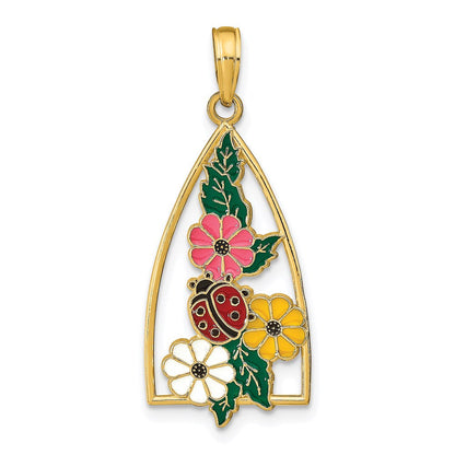 14K Gelbgold Emaillierter Marienkäfer- und Blumen-Dreiecksanhänger