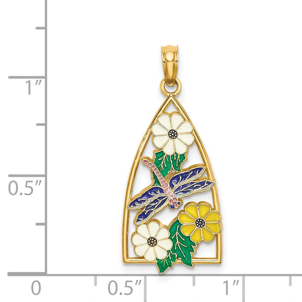 14K Gelbgold Charm mit Emaille-Libelle, Blumen und Dreieck