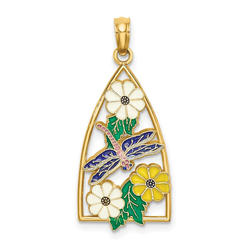 14K Gelbgold Charm mit Emaille-Libelle, Blumen und Dreieck