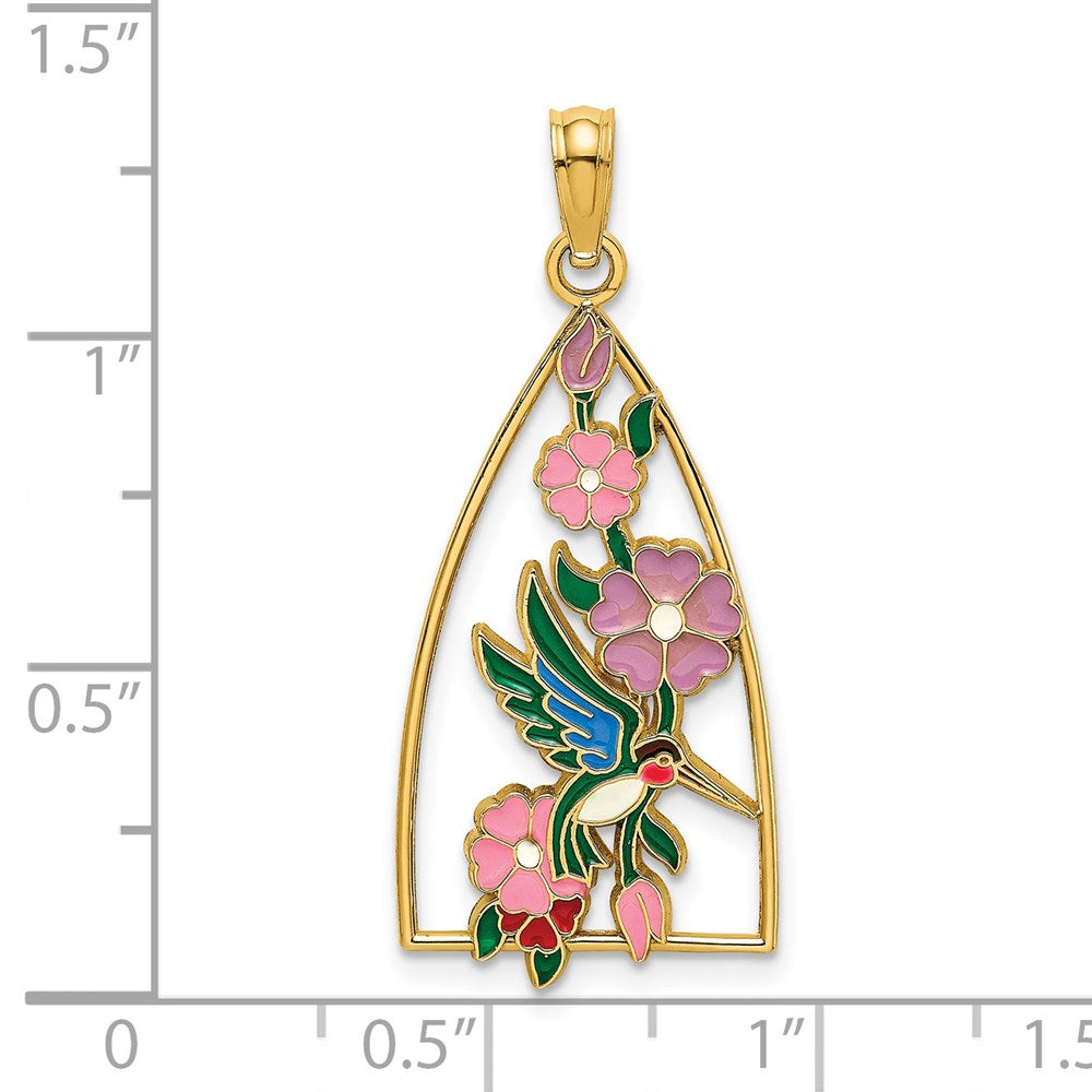 14K Gelbgold Kolibri- und Blumen-Charm mit Emaille