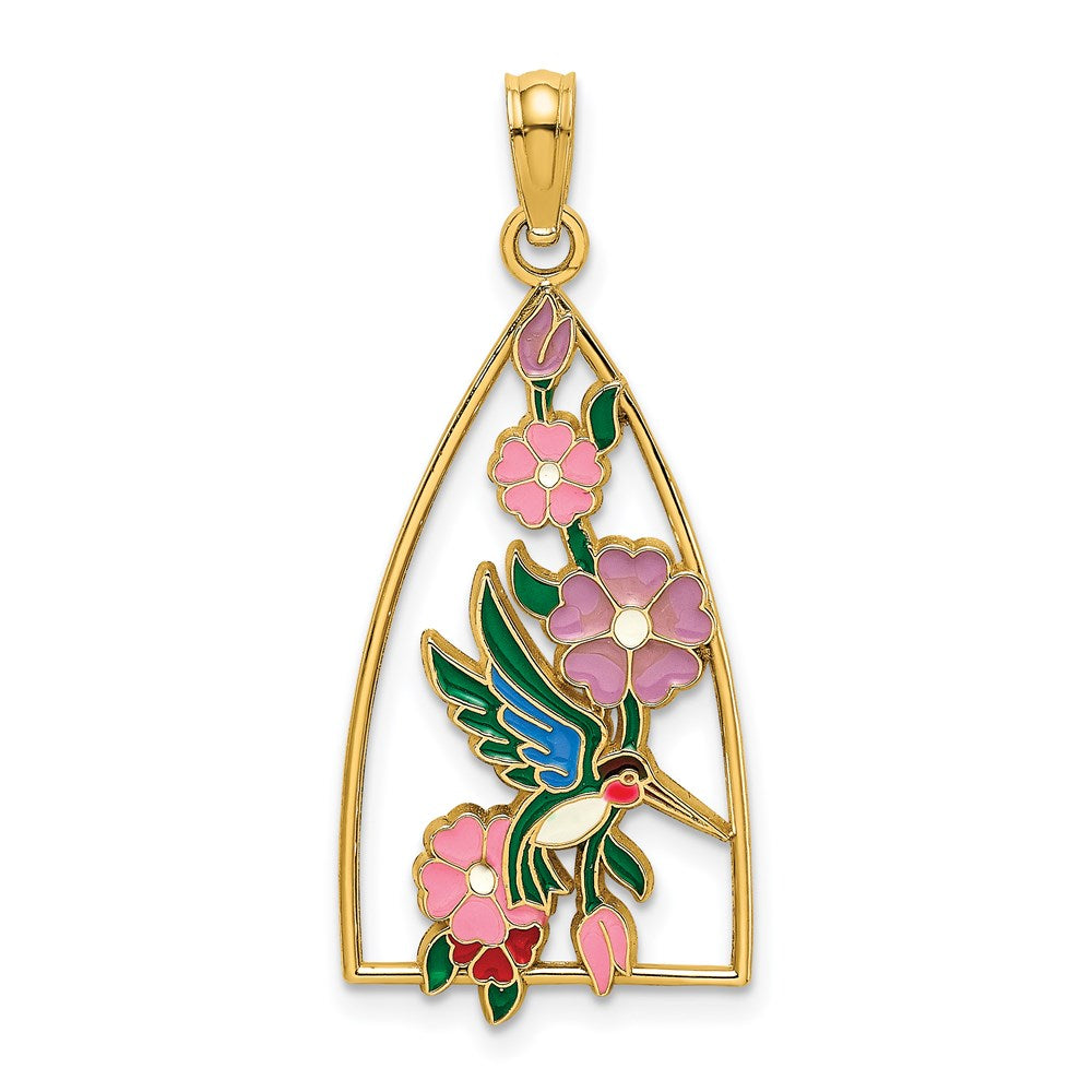 14K Gelbgold Kolibri- und Blumen-Charm mit Emaille
