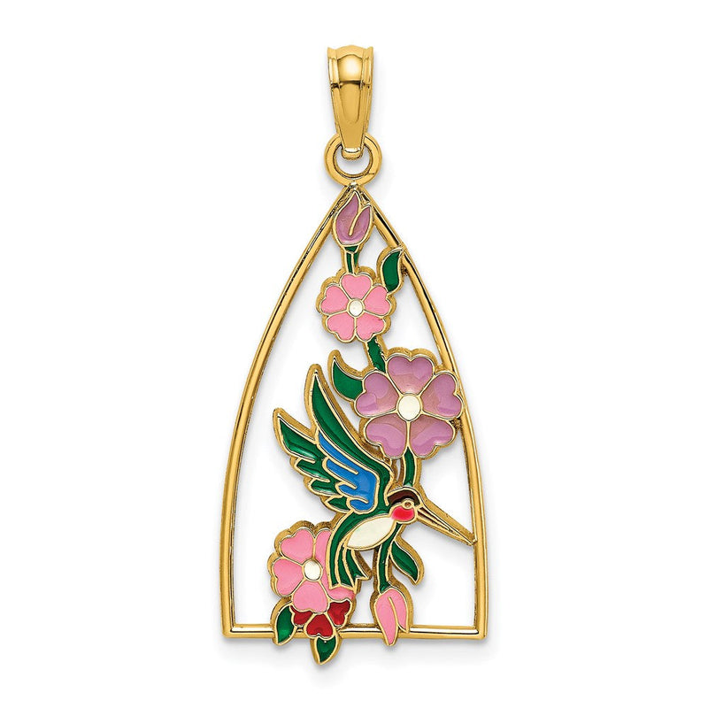 14K Gelbgold Kolibri- und Blumen-Charm mit Emaille