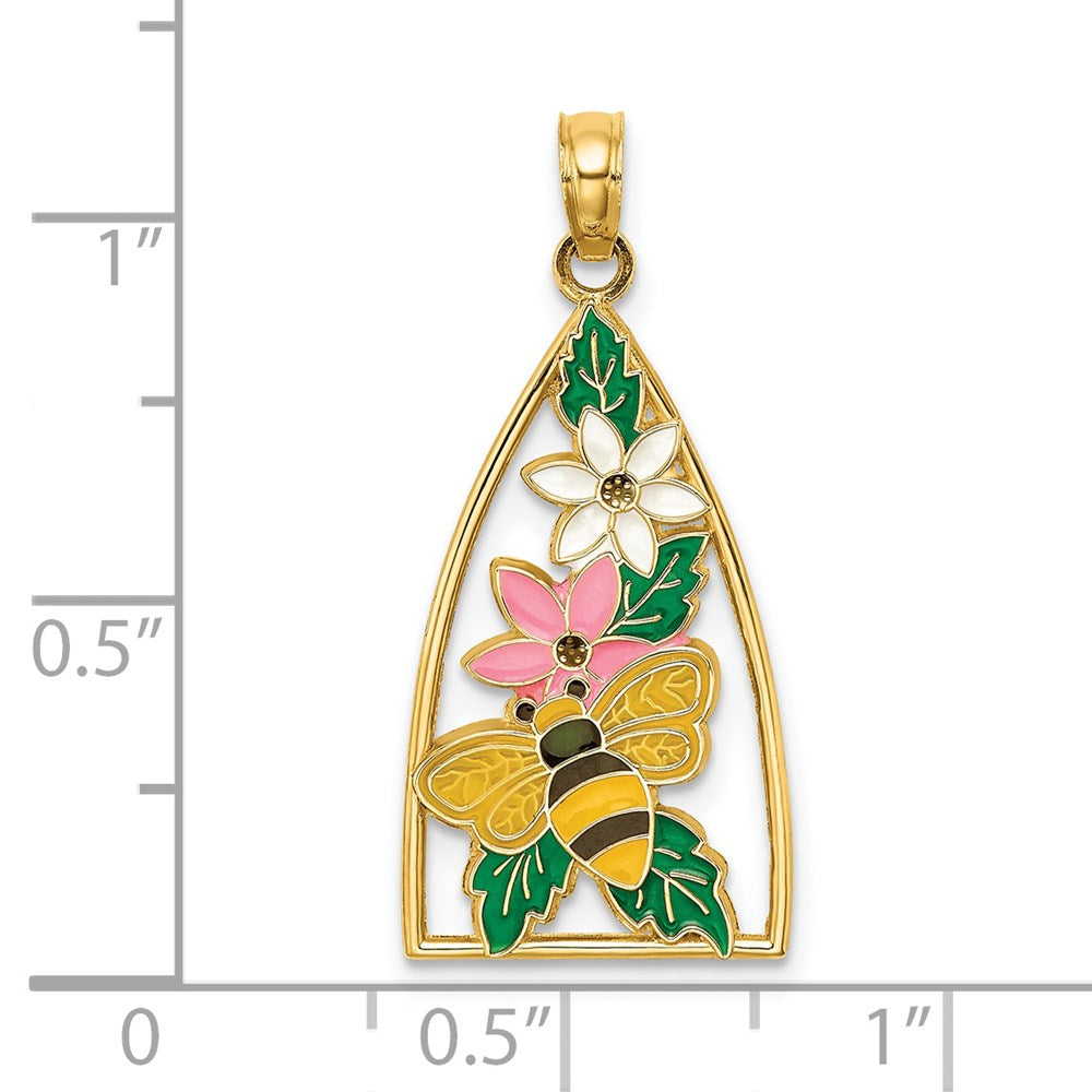 14K Gelbgold Dreieck-Charm mit Emaille-Hummel und Blumen