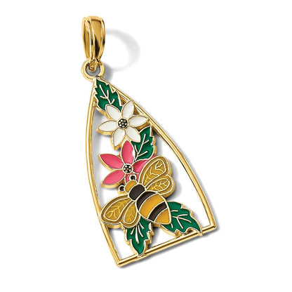 14K Gelbgold Dreieck-Charm mit Emaille-Hummel und Blumen