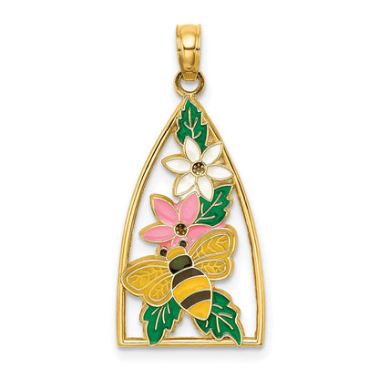 14K Gelbgold Dreieck-Charm mit Emaille-Hummel und Blumen