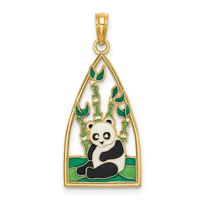 14K Gelbgold Emaille-Charm Panda-Bär und Bambus