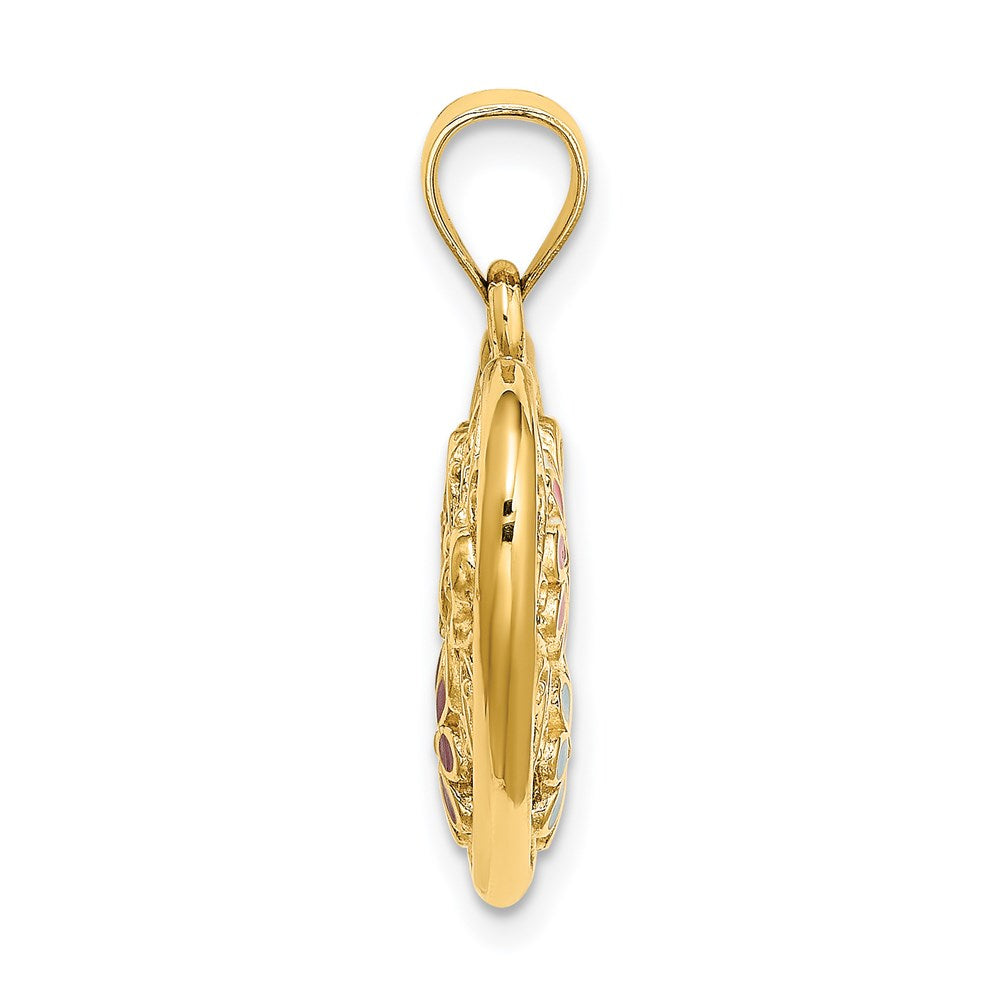 14K Gelbgold 3D-wendbarer-Anhänger mit Emaille-Schmetterling und -Blumen in Herzform