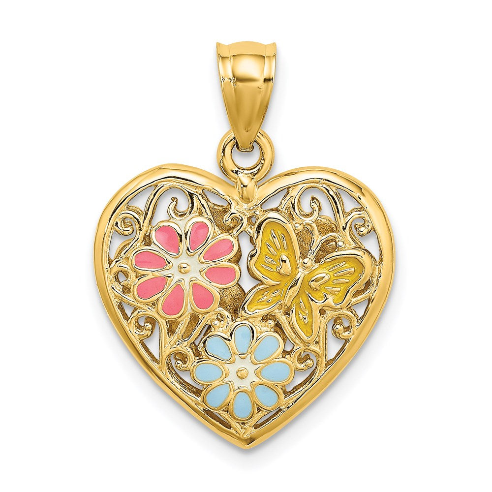 14K Gelbgold 3D-wendbarer-Anhänger mit Emaille-Schmetterling und -Blumen in Herzform