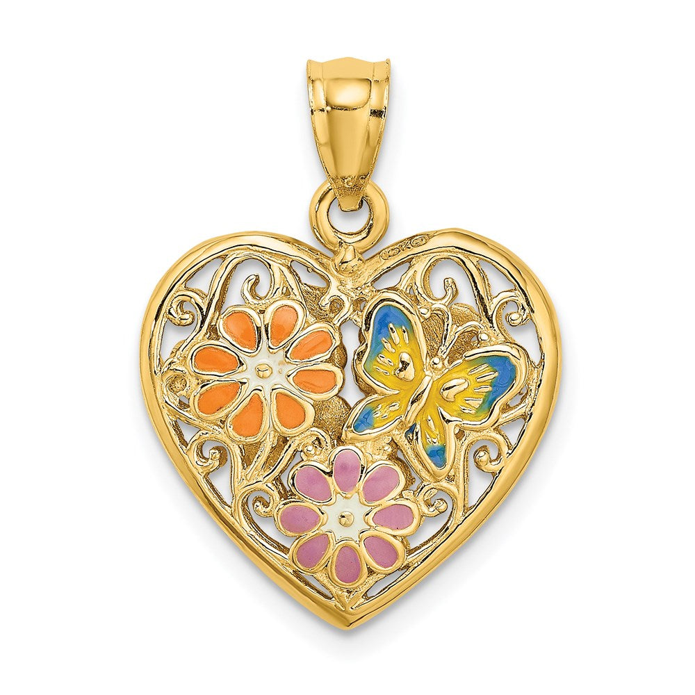 14K Gelbgold 3D-wendbarer-Anhänger mit Emaille-Schmetterling und -Blumen in Herzform