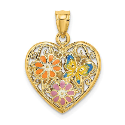 14K Gelbgold 3D-wendbarer-Anhänger mit Emaille-Schmetterling und -Blumen in Herzform