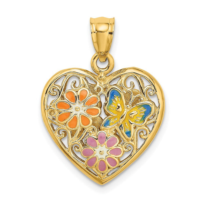 14K Gelbgold 3D-wendbarer-Anhänger mit Emaille-Schmetterling und -Blumen in Herzform
