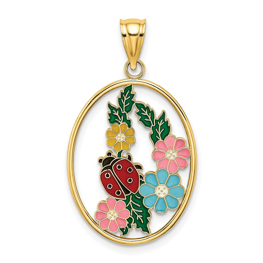 14K Gelbgold Buntglas-Marienkäfer-Charm oval mit Emaille