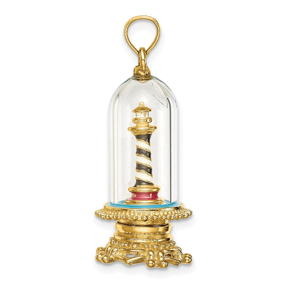 14K Gelbgold 3-D-Emaille-Leuchtturm-Charm in Glaskuppel