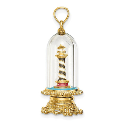 14K Gelbgold 3-D-Emaille-Leuchtturm-Charm in Glaskuppel