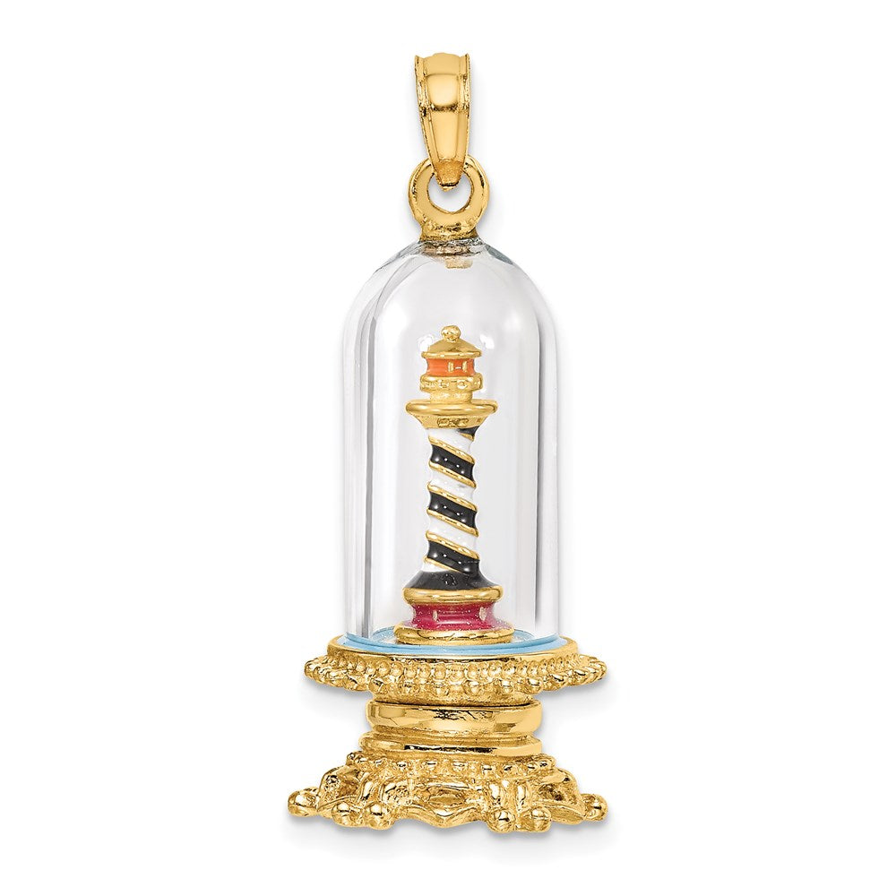 14K Gelbgold 3-D-Emaille-Leuchtturm-Charm in Glaskuppel