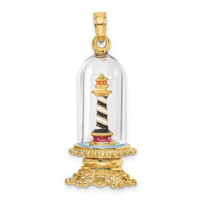 14K Gelbgold 3-D-Emaille-Leuchtturm-Charm in Glaskuppel