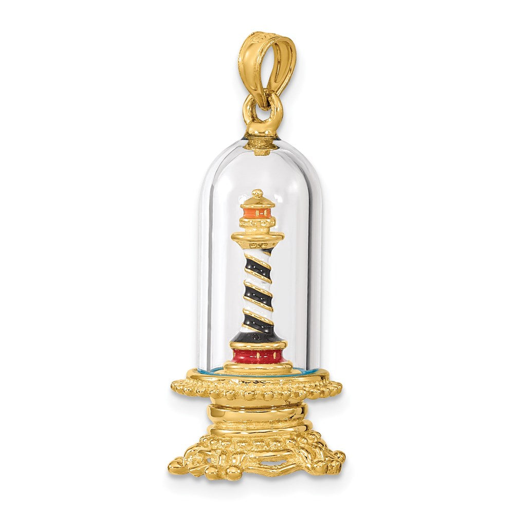 14K Gelbgold 3-D-Emaille-Leuchtturm-Charm in Glaskuppel