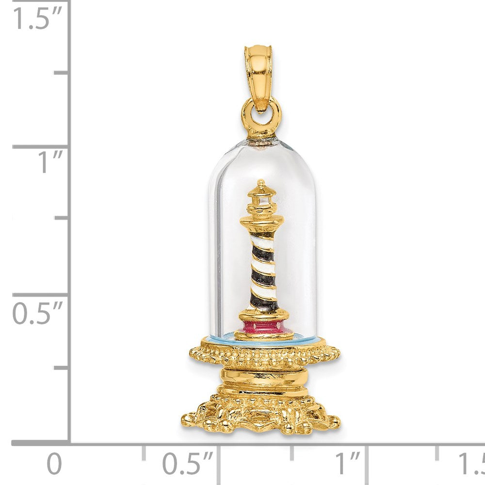 14K Gelbgold 3-D-Emaille-Leuchtturm-Charm in Glaskuppel