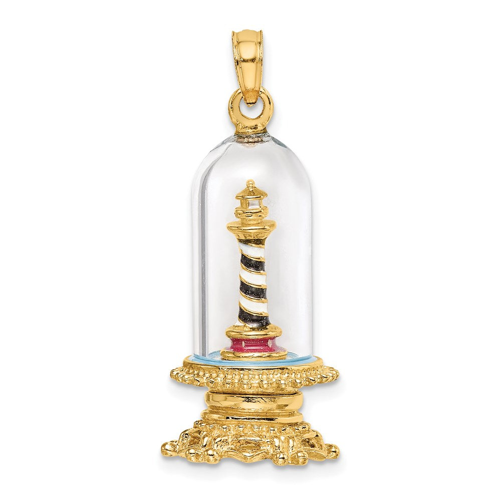 14K Gelbgold 3-D-Emaille-Leuchtturm-Charm in Glaskuppel