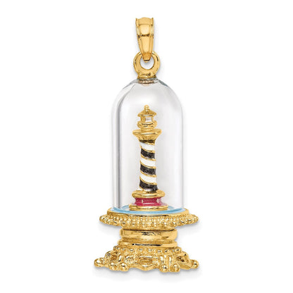 14K Gelbgold 3-D-Emaille-Leuchtturm-Charm in Glaskuppel