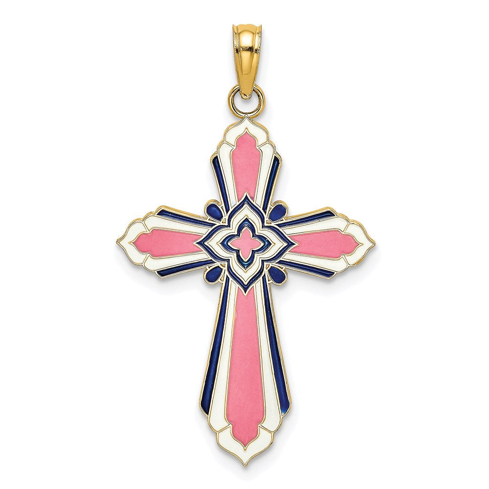 14K Gelbgold 3-D Kreuz-Charm mit rosa und weißer Emaille