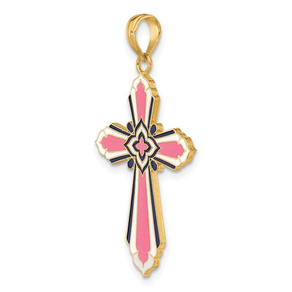 14K Gelbgold 3-D Kreuz-Charm mit rosa und weißer Emaille