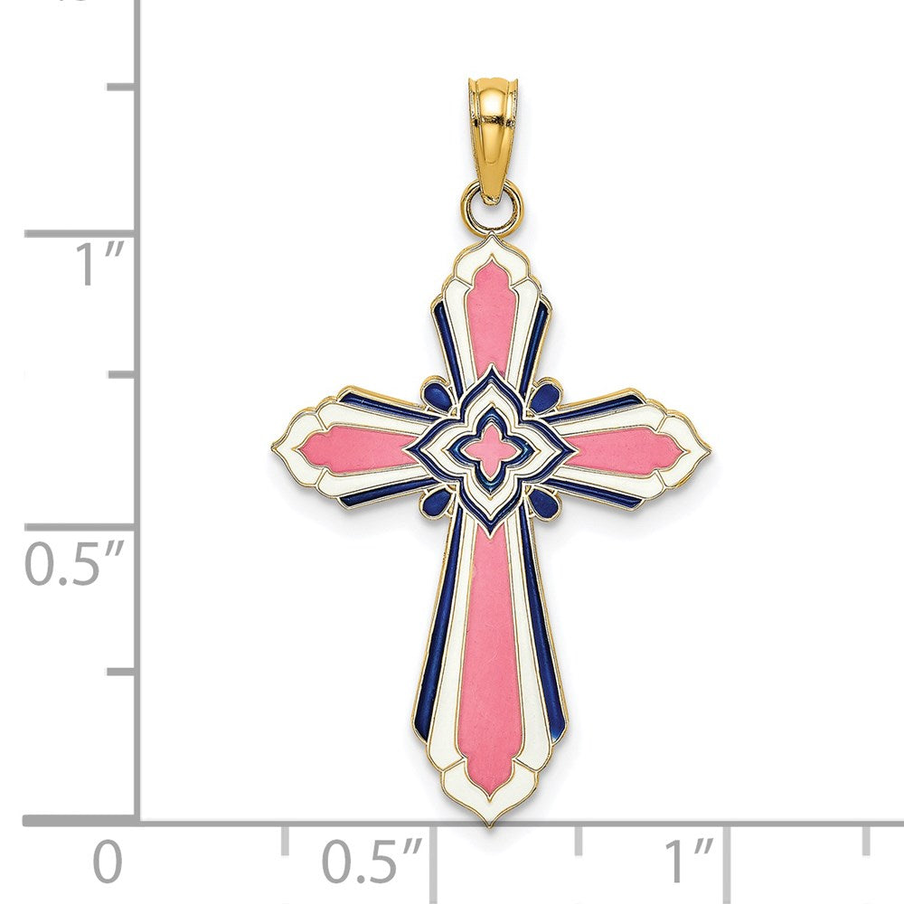 14K Gelbgold 3-D Kreuz-Charm mit rosa und weißer Emaille