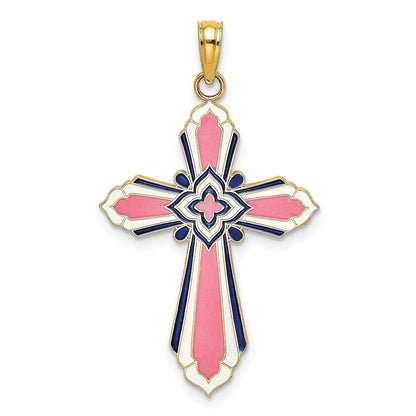 14K Gelbgold 3-D Kreuz-Charm mit rosa und weißer Emaille