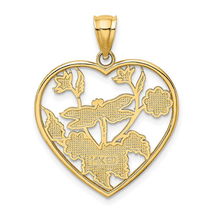 14K Gelbgold Emaille-Libelle und -Blume im Herz-Charm