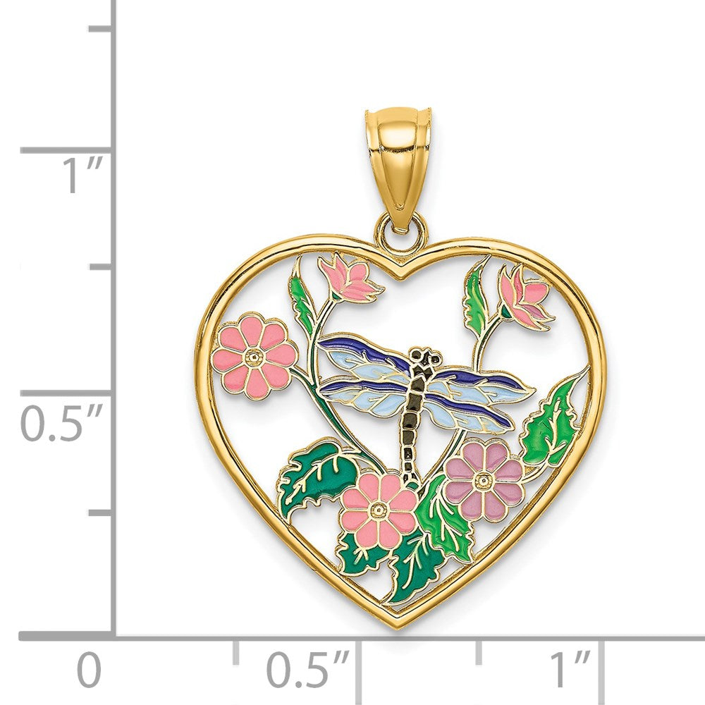 14K Gelbgold Emaille-Libelle und -Blume im Herz-Charm