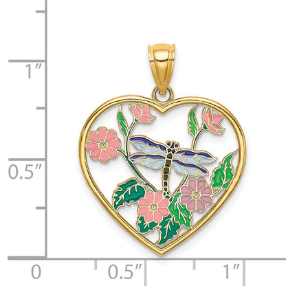 14K Gelbgold Emaille-Libelle und -Blume im Herz-Charm