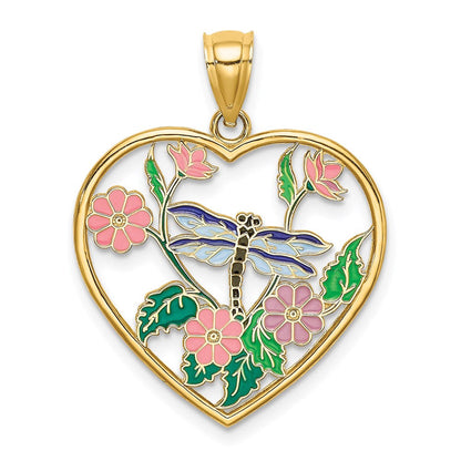 14K Gelbgold Emaille-Libelle und -Blume im Herz-Charm