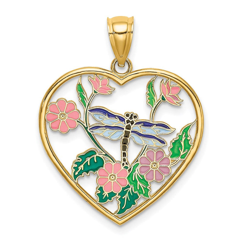 14K Gelbgold Emaille-Libelle und -Blume im Herz-Charm