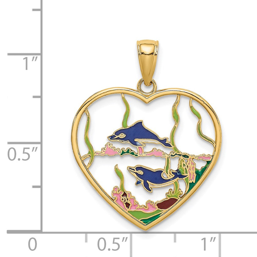 14K Gelbgold Emaille-Delfine-im-Herz Charm** Alternative, natürlicher formuliert: **14K Gelbgold Charm „Delfine im Herz“ mit Emaille