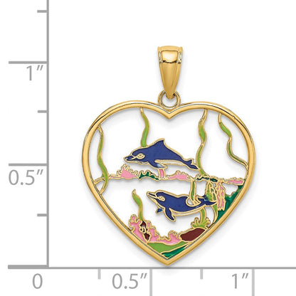 14K Gelbgold Emaille-Delfine-im-Herz Charm** Alternative, natürlicher formuliert: **14K Gelbgold Charm „Delfine im Herz“ mit Emaille