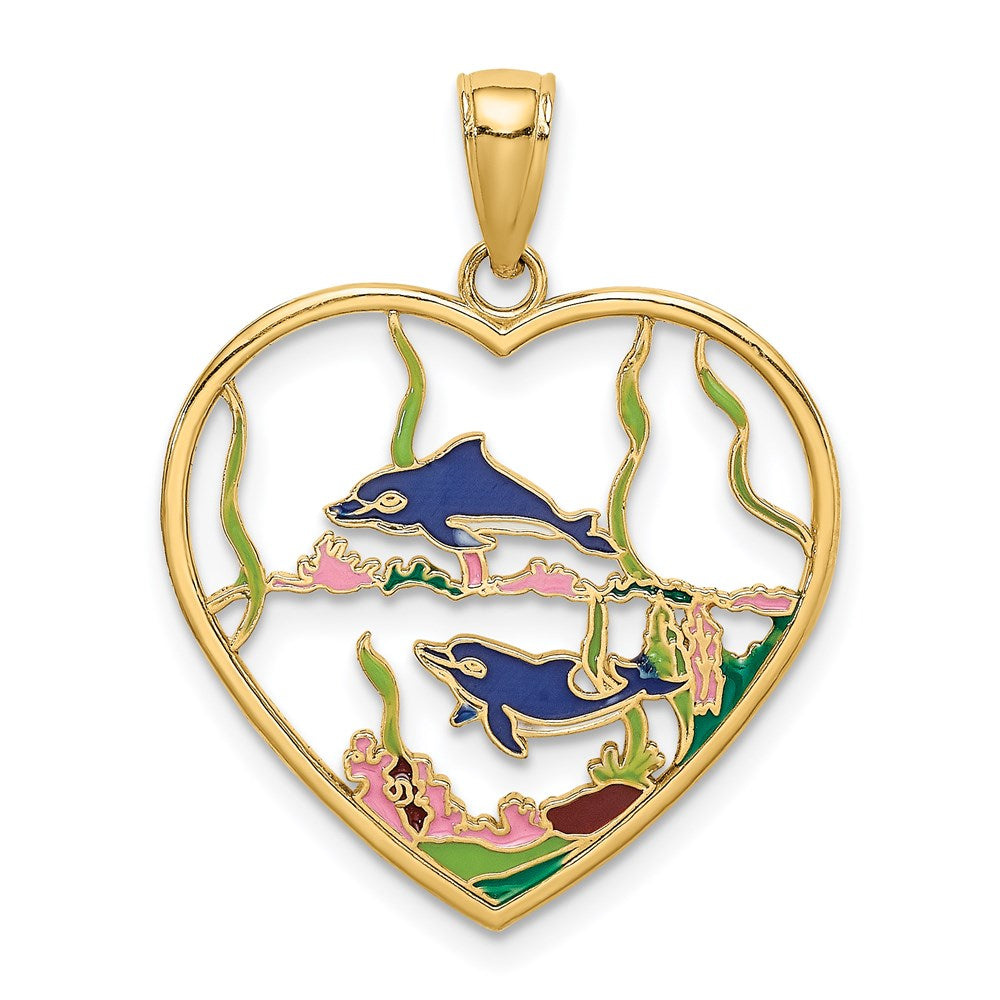 14K Gelbgold Emaille-Delfine-im-Herz Charm** Alternative, natürlicher formuliert: **14K Gelbgold Charm „Delfine im Herz“ mit Emaille