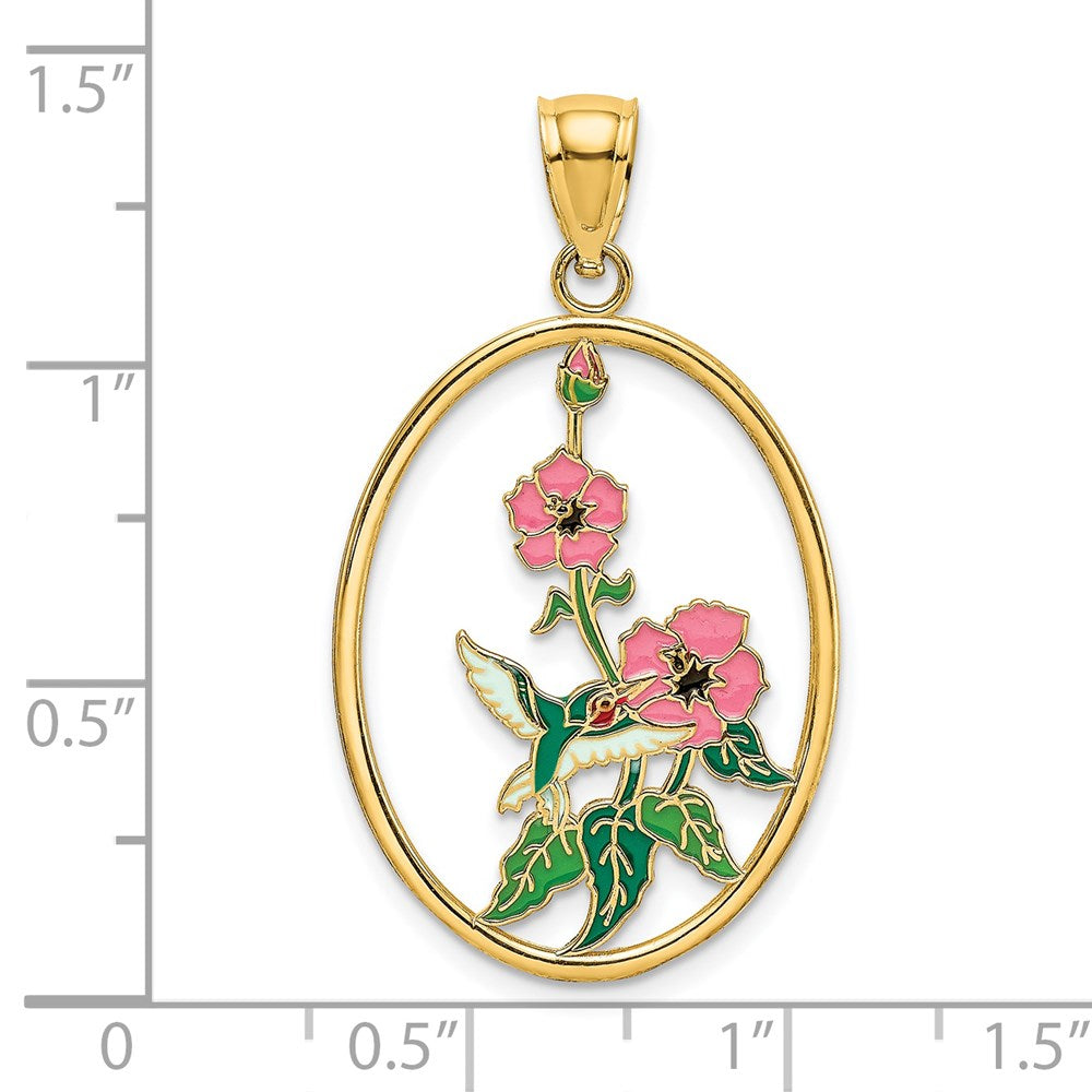 14 Karat Gelbgold mit Emaille-Kolibri und Blumen im ovalen Rahmen Charm