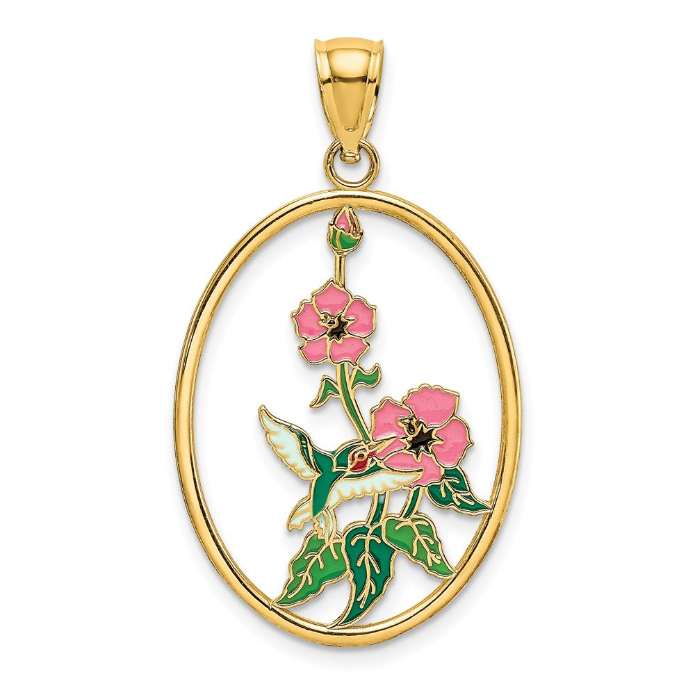 14 Karat Gelbgold mit Emaille-Kolibri und Blumen im ovalen Rahmen Charm