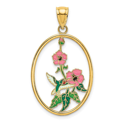 14 Karat Gelbgold mit Emaille-Kolibri und Blumen im ovalen Rahmen Charm