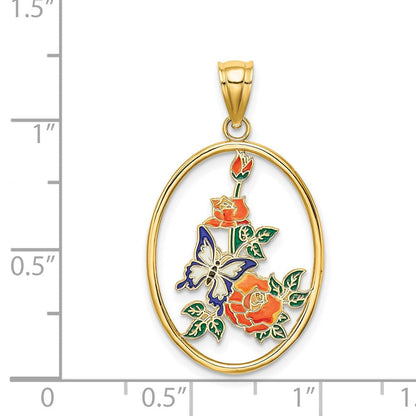 14K Gelbgold Emaille-Charm Weißer Schmetterling im Oval mit Orangenblüten