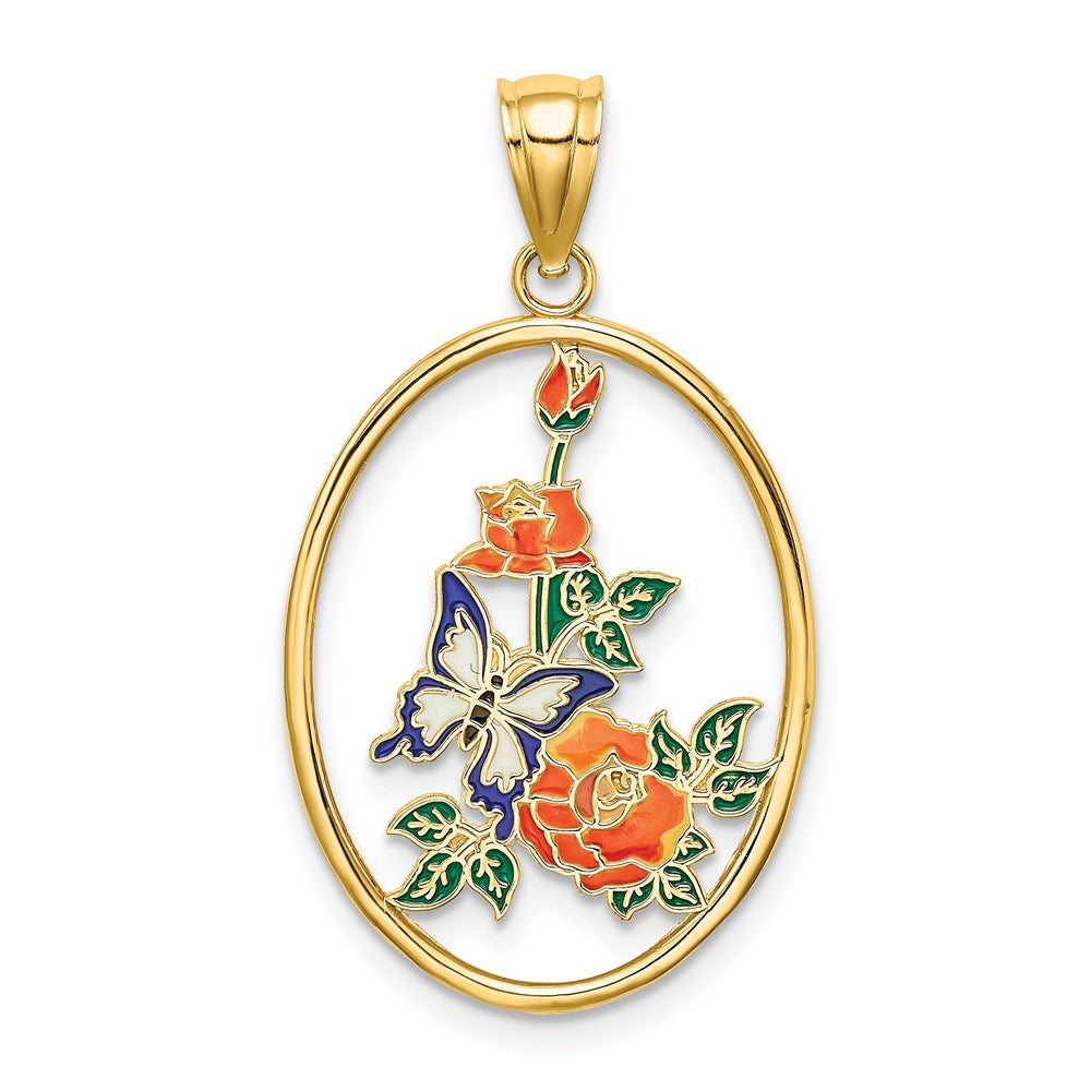 14K Gelbgold Emaille-Charm Weißer Schmetterling im Oval mit Orangenblüten